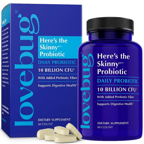 LOVEBUG Here's The Skinny | Helps with Constipation, Gas, Bloat & Digestive Upset | Multi-Strain Probiotics 10 Billion CFU, 60 Count