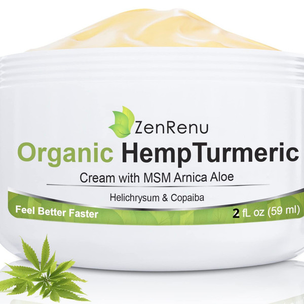 Zenrenu Organic Hemp Turmeric Cream with Arnica, MSM, Hemp Oil Extract, & 7 Essential Oils - Non Greasy & Fast Absorbing for Any Areas of Discomfort 4 oz