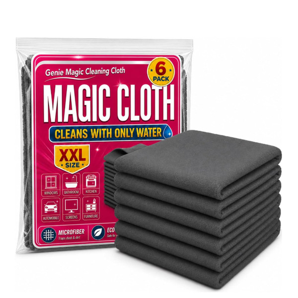 Genie Magic Cleaning Cloth, 6Pcs Microfiber Cleaning Cloths, Lint Free Reusable Cleaning Rags for Windows, Cars, Mirrors, Glass & Stainless Steel (A)