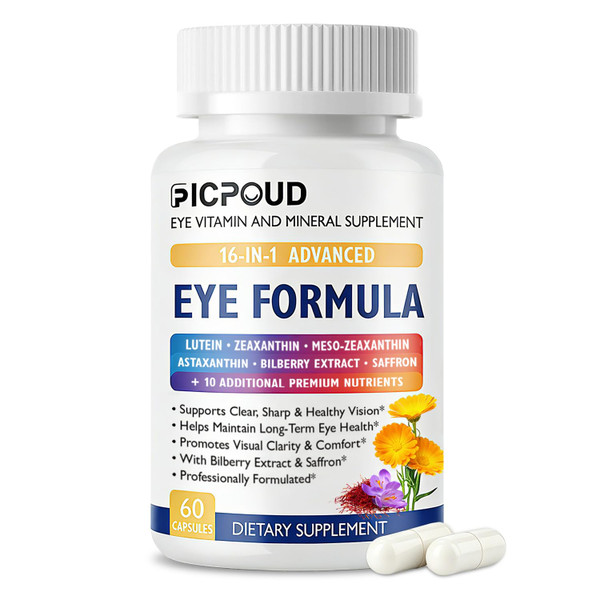 Ficpoud Neurobella Eye Formula, 16-in-1 Eye Vitamins and Mineral Supplement with Lutein 20mg, Zeaxanthin 4mg & Meso-Zeaxanthin 10mg, Astaxanthin, Omega 3, Bilberry & Saffron, Eye Health, 60 Capsules