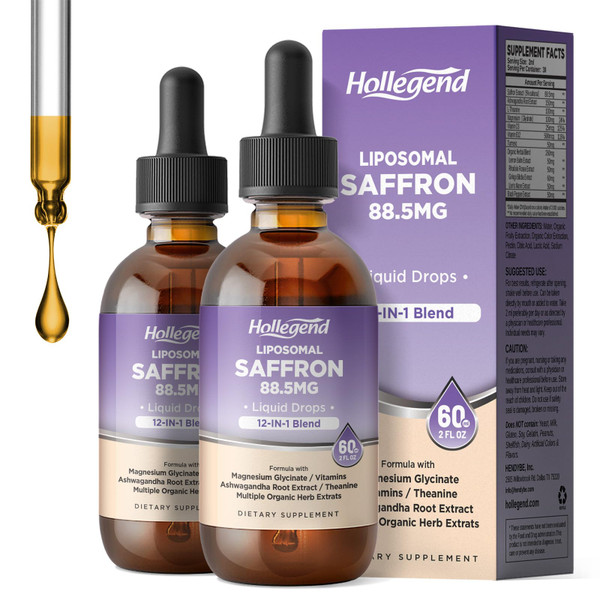 HOLLEGEND Liposomal Saffron Drops for Kids & Adults, Organic Saffron Supplement w/Magnesium, L-Theanine and Vitamins for Stress, Focus, Vision and Energy Support, Vegan, Natural Lemon Flavor, 4 FL OZ