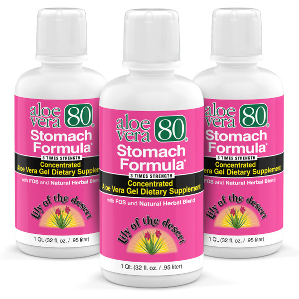 Lily Of The Desert Stomach Formula, Aloe Vera 80 Gel - Concentrated Aloe Vera Juice with Slippery Elm, Chamomile, Peppermint, and Ginger for Gut Health, Heartburn, Acid Reflux, 32 Oz (Pack of 3)