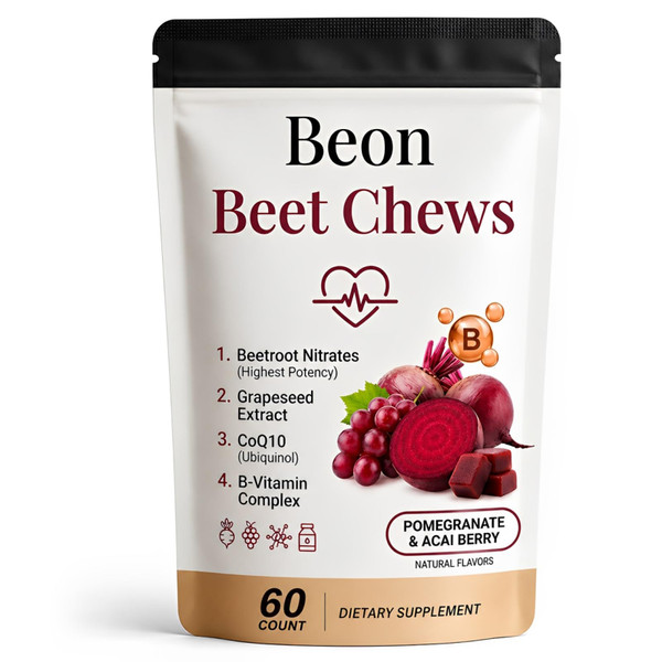 puyode Beon Beet Chews, Beon Beetroot Chews Gummies with Grape Seed & L-CoQ10 for Calm Mood, Free Vegan, 60 Chew