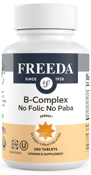 Freeda Vitamin B Complex No Folic No PABA - Super B Complex Kosher Vitamin Supplement with Vitamin B1 Vitamin B2 Vitamin B3 Vitamin B5 Vitamin B6 Vitamin B12 - Vit B Complex B for Women & Men (250 Ct)