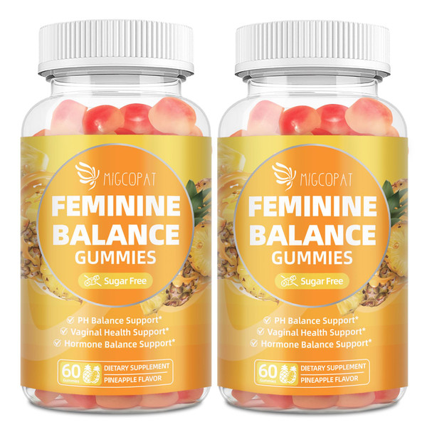 Migcopat Premium Feminine Balance Gummies – 2 Pack, Probiotic + Enzyme Blend for Digestive, Hormone & PH Balance, Pineapple Flavor, 120 Gummies