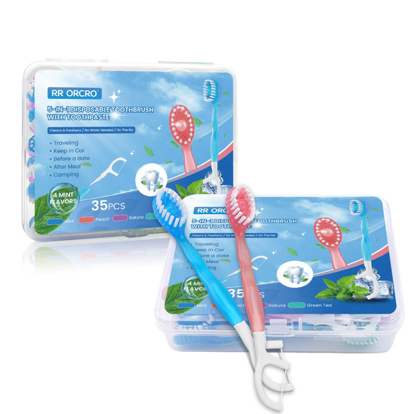 70Pack Mini Disposable Toothbrushes 5-in-1 Portable Pre-Pasted Travel Toothbrush with Toothpaste Tongue Scraper Floss Pick Individually Wrapped Box Small Prepasted Travel Toothbrush for Kids Adults