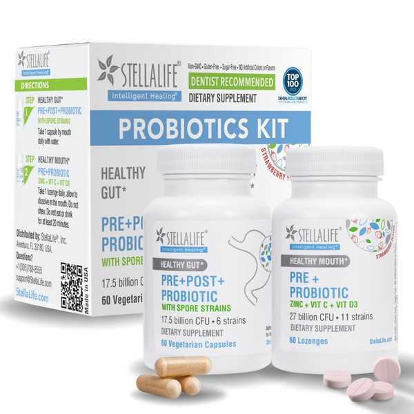 StellaLife Probiotics Oral & Gut Prebiotics Post Probiotics Kit: 44B+ CFU, 11 Oral & 6 Gut Spore strains for Digestive & Dental Health, Bad Breath Treatment, Tongue Hygiene, Strawberry Flavor, 60-Day