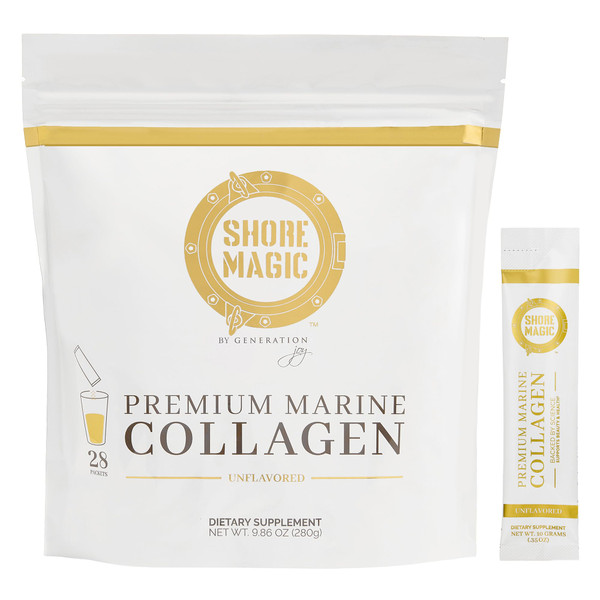 Shore Magic Premium Marine Collagen Powder – Hydrolyzed Type I, II, III & IV Peptides for Skin, Hair, Nails & Joints – Wild-Caught Fish, Kosher, Unflavored, Travel-Friendly, 28 Daily Packets