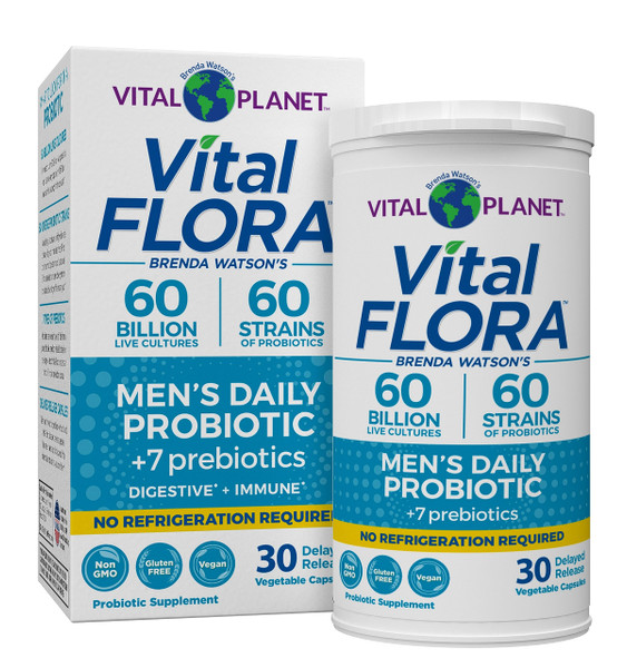 Vital Planet - Vital Flora Probiotics for Men, 60 Billion CFU, 60 Diverse Strains, 7 Organic Prebiotics, Men’s Daily Shelf Stable Probiotic for Immune Support, Gas Relief, Digestive Health 30 Capsules