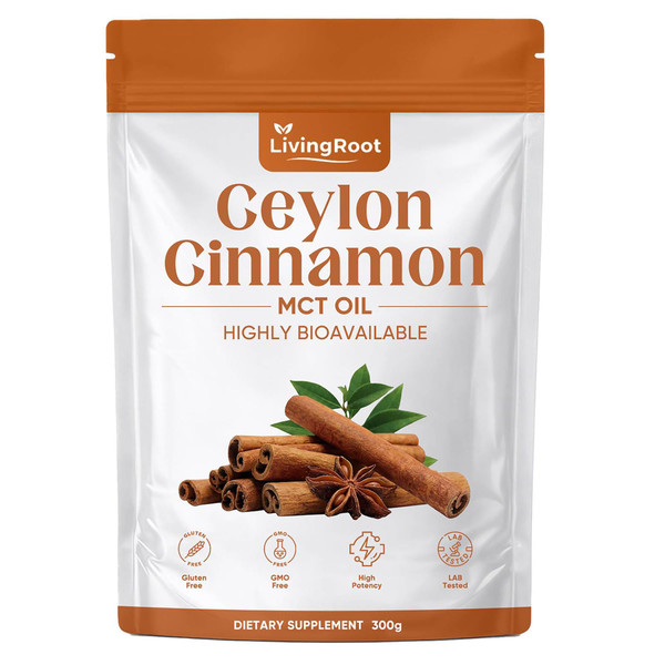 Living Root Ceylon Cinnamon Powder - LivingRoot with MCT Oil, Highly Bioavailable Herbal Supplement, Non-GMO, Gluten-Free, Fine Powder for Daily Nutrition - 300 g (10.5 oz)
