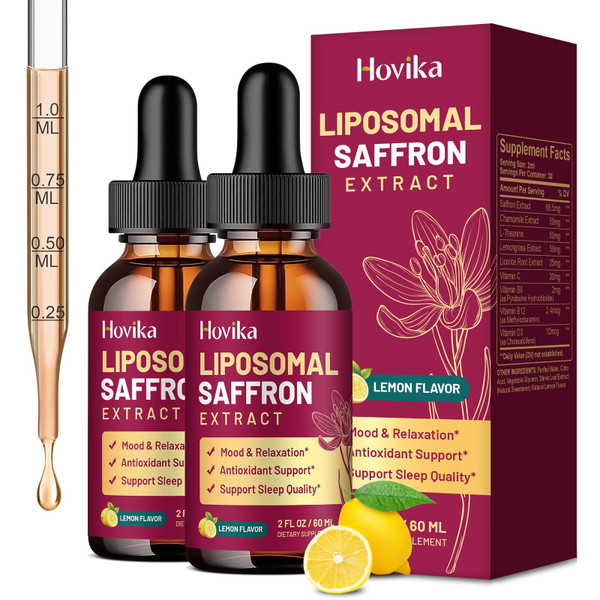 Hovika 2 Pack Liposomal Saffron Supplements - 88.5mg Saffron Extract Liquid Drops with L-Theanine, Chamomile, Vitamin C, B6, B12 & D3 - Lemon Flavor