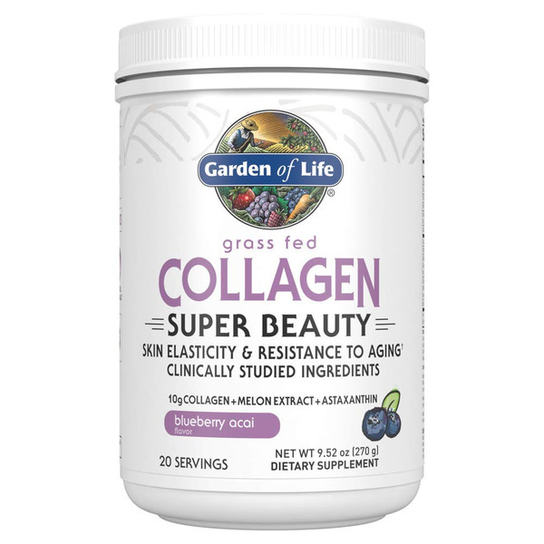 Garden of Life Grass Fed Collagen Super Beauty Powder - Blueberry Acai, 20 Servings, for Women Skin Hair Nails Joints, Collagen Peptides Powder + Protein Supplements