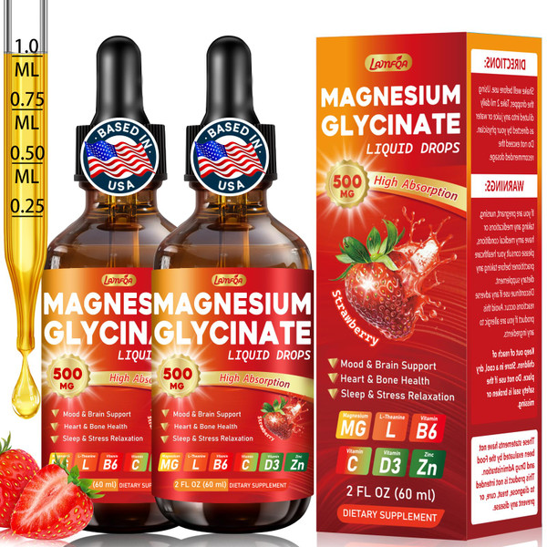 Magnesium Glycinate Liquid Drops Supplement - Vegan, GMO Free, Gluten Free for Muscle & Bone Health Support (Strawberry, 60ml) 2 Pack