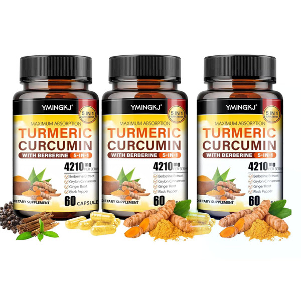Turmeric Curcumin Supplement with Black Pepper & Bioactive Botanicals, Turmeric,Ginger,Berberine,Ceylon Cinnamon, – Premium Supplement for Daily Wellness Support 60 Capsules 3 Pack