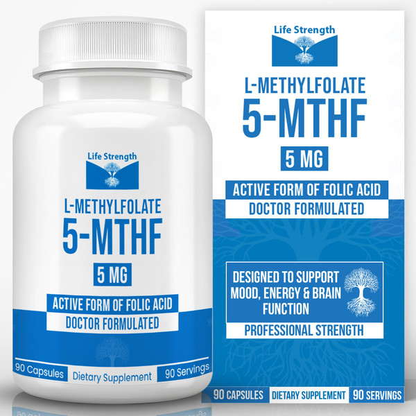 LifeStrength L Methylfolate 5mg | 90 Capsules | Optimized & Highly Bioactive Methyl Folate Supplement | 5-MTHF Supports for Energy, Focus & Mood | Non-GMO, Gluten Free, Vegan | 3 Month Supply