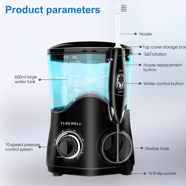 TUREWELL FC162 Water Dental Flosser for Teeth/Braces,10 Pressure Levels, 8 Water Jet Tips for Family, 600ML Electric Water Dental Oral Irrigator for Teeth-Clean (Black)