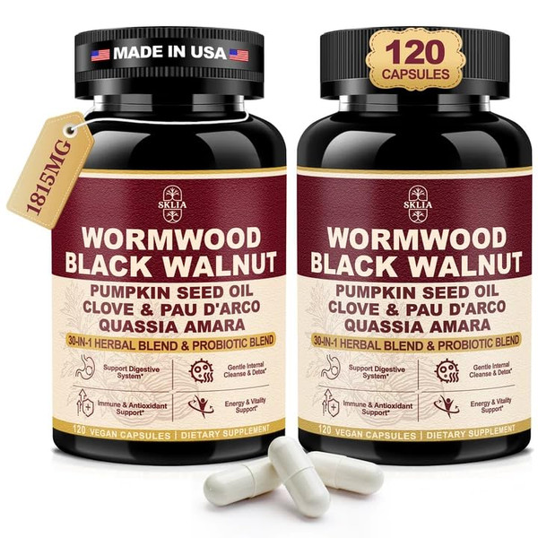 30-in-1 Liposomal Wormwood Black Walnut Clove Cleanse for Humans Capsules – Gut Cleanse & Digestive Support with Clove, Pumpkin Seed Oil, Garlic, Quassia Amara | 10X Concentrated | Vegan 1815mg 2P