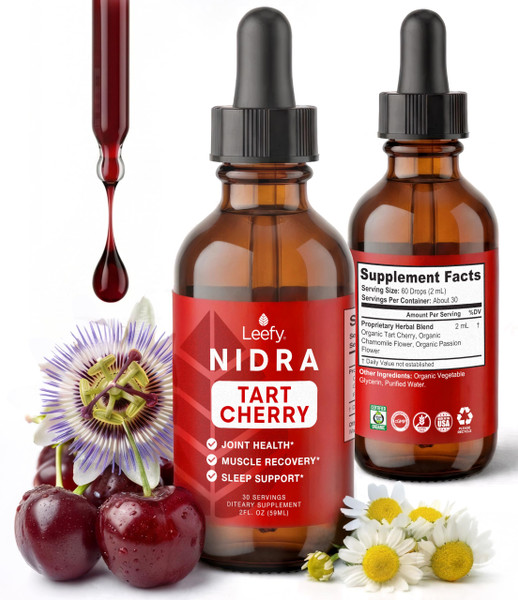 Leefy Organics Tart Cherry Supplement - Non-Habit Forming Melatonin Alternative for Sleep & Joint, Uric Acid Support - Fast Absorbing Liquid Tincture Drops with Chamomile, Passionflower - 30 Servings