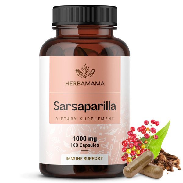 HERBAMAMA Sarsaparilla Root Capsules – Liver Support, Skin Health & Gentle Detox Support Herbal Supplement – 1000 mg Sarsaparilla Root Powder per Serving – Vegan, Non-GMO,100 Capsules (50 Servings)