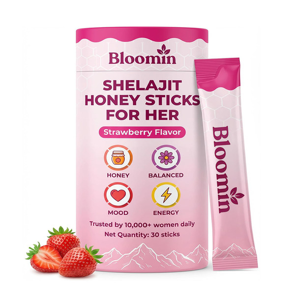 Vlsdoin Bloomin Honey Sticks, with Shilajit, Shatavari & Saffron, Strawberry Honey Supplement for Women, Hormonal Balance, Focus & Stamina, Non-GMO, 30 Sticks (Strawberry)