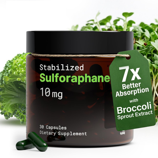 10mg Pure Stabilized Sulforaphane Supplement from Broccoli Sprout Extract - Cellular Detox, Liver & Brain Health Support - Nrf2 Activator - Non-GMO & Glyphosate Free - 30 Vegan Capsules