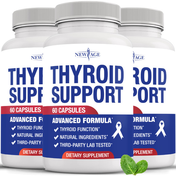 NEW AGE Thyroid Support Supplement for Women & Men with Iodine, B12, Zinc, Selenium, Ashwagandha, Bladderwrack, Turmeric, Schisandra - Non-GMO - 180 Count