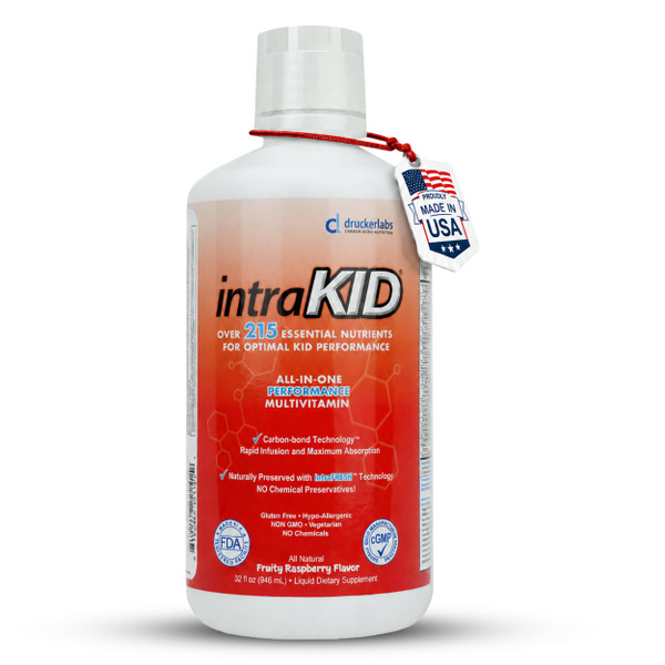 intraKID Drucker Labs Organic Liquid Multivitamin for Kids, Immune Support, Non GMO, Dairy Free, Gluten Free, Magnesium, Vitamin A,C,E, Zinc, (32 oz., Fruity Raspberry)