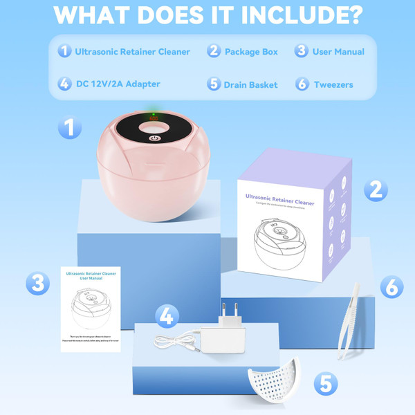 Ultrasonic Retainer Cleaner Machine 45khz Cleaning Pod for Denture Cleaner 200ml Mouth Guard, Aligner, Night Guard, Jewelry, 4 Cleaning Modes Digital Timer, Gifts for Women, Christmas Gifts, Pink