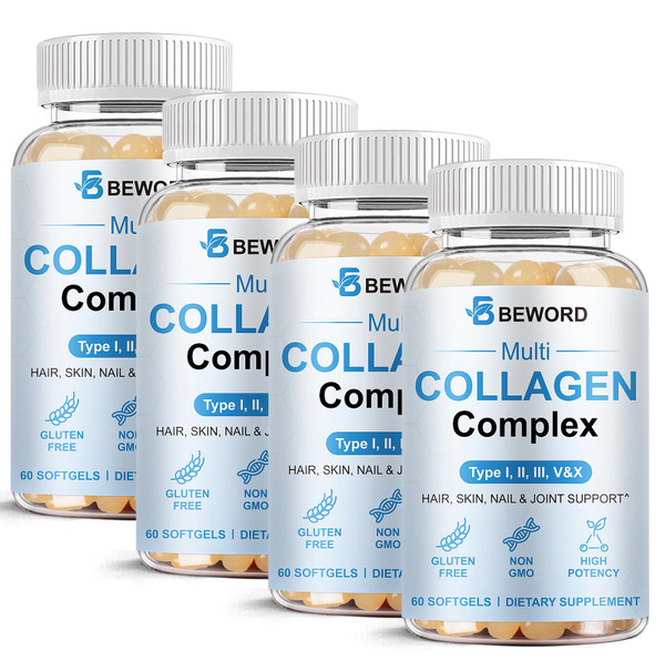 BEWORD Multi Collagen Softgels for Women & Men, 240 Capsules - Type I,II,III,V,X Hydrolyzed Collagen w/Vitamin C & Hyaluronic Acid - Supports Skin, Hair, Nails, Joints - Grass-Fed, Non-GMO,4 Pack