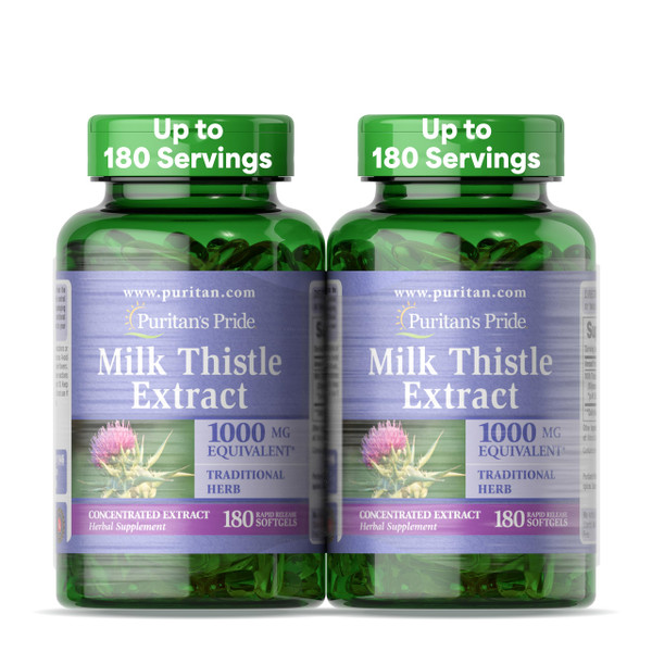 Puritan's Pride Milk Thistle Silymarin 4:1 Concentration Extract 200mg (1000 Mg Equivalent) Dietary Supplement for Liver Support, 6 Month Supply, 180 Count 2-Pack