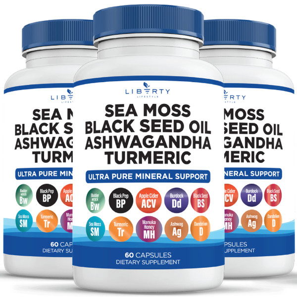 Liberty Lifestyle Sea Moss Black Seed Oil Ashwagandha Turmeric Bladderwrack Burdock - with Manuka, Honey Dandelion, ACV Black Pepper Gluten Free - 3-Pack