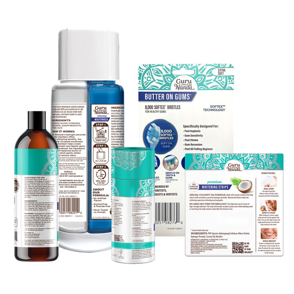 GuruNanda Total Smile Makeover Kit Regular with Cocomint Oil Pulling, Dual Barrel Whitening Mouthwash, Whitening Strips & Butter on Gums Toothbrushes