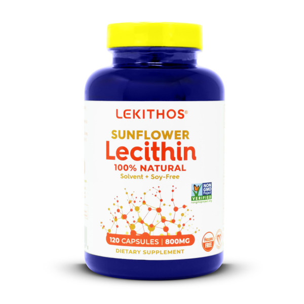 Lekithos 100% Natural Sunflower Lecithin Capsules | Solvent-Free | 800mg Per Capsule | Soy-Free, Gluten-Free, Vegan | Natural Lactation Support | Nervous System Support | 120 Vegetarian Capsules