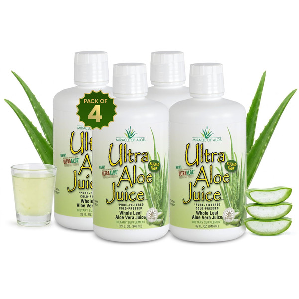 Miracle of Aloe Ultra Aloe Vera Juice, 1 Qt. 4 Pack, Whole Leaf, Pure, Filtered, Certified for Content and Purity (Gallon)