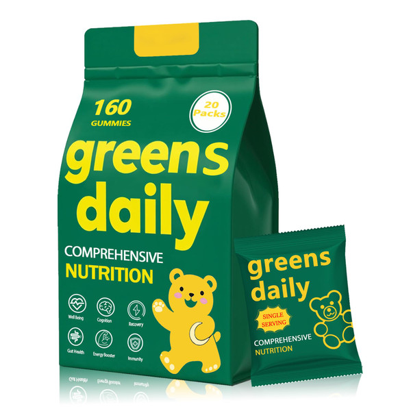 DYDUON Greens Gummies, Daily Greens Gummies with Organic Chlorella and Spirulina, Digestive & Gut Health, Low Sugar, Formulated with 60+ Ingredients, Individual Packets,160 Gummy Bear