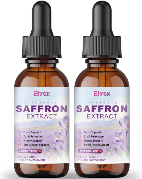 Elysx Liposomal Saffron for Kids & Adults, Organic Saffron Extract Liquid Drops with Holy Basil, Rosemary, L-Theanine for Stress, Focus, Energy Support, Eye Health, Vegan, Strawberry Flavor, 4 FL OZ