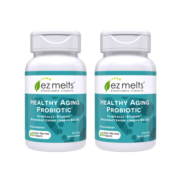 EZ Melts Healthy Aging Probiotic - Daily Probiotic for Digestive & Gut Health Support - with Bifidobacterium Longum - Non-GMO & Vegan - Strawberry - 120 Dissolvable Tablets (120 Servings)