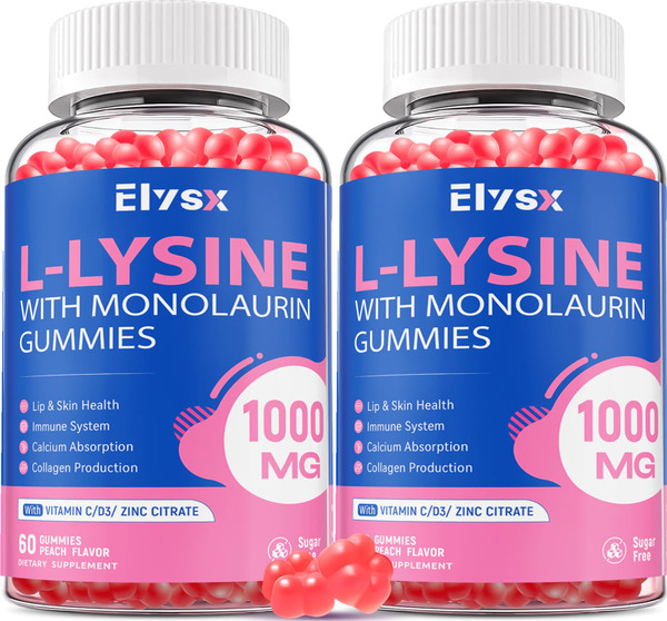 L-Lysine Gummies 1000mg, Sugar-Free Chewable Lysine with Monolaurin Supplement for Adults & Kids, Lips & Oral Health, Immune & Overall Health, Natural Peach Flavor, 120 Count