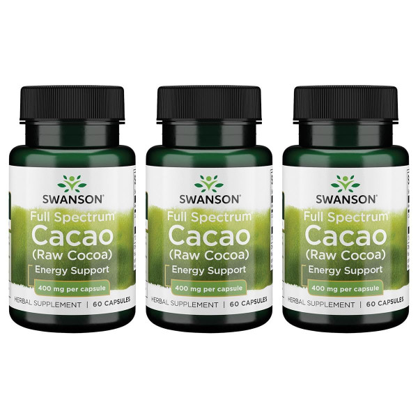 Swanson Full Spectrum Cacao (Raw Cocoa) - Herbal Supplement Promoting Mild Energy Support - Traditional Whole Fruit Formula - (60 Capsules, 400mg Each) (3 Pack)