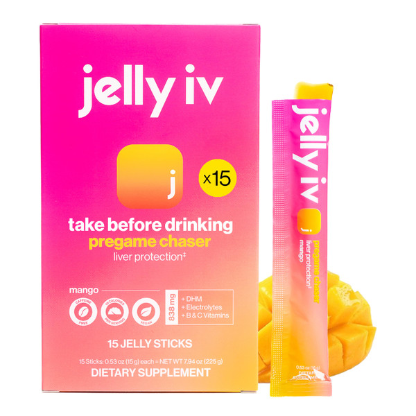 Fast Morning Relief Supplement Stick by Jelly IV - Natural Electrolytes & Liver Support Recovery - Nausea Reducing DHM - B Vitamins - Plant-Based Flavored Jelly Sticks - 15 Pack