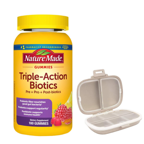 Nature Made Triple Action Biotic Gummy, 100 Gummies, Bundle with a Pill Oragnizer (2 Items)