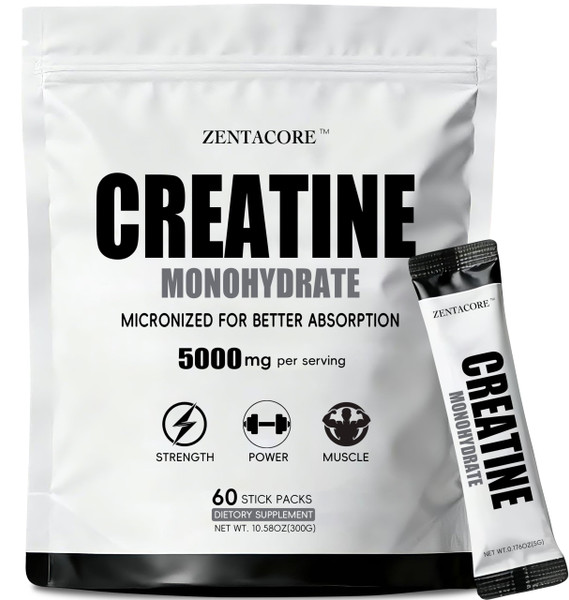 ZentaCore Creatine Monohydrate Stick Packs 5g – 60 Single Serve Creatine Packets, Micronized Creatine Powder for Men & Women, Travel Creatine Packets, Unflavored Pre & Post Workout Supplement
