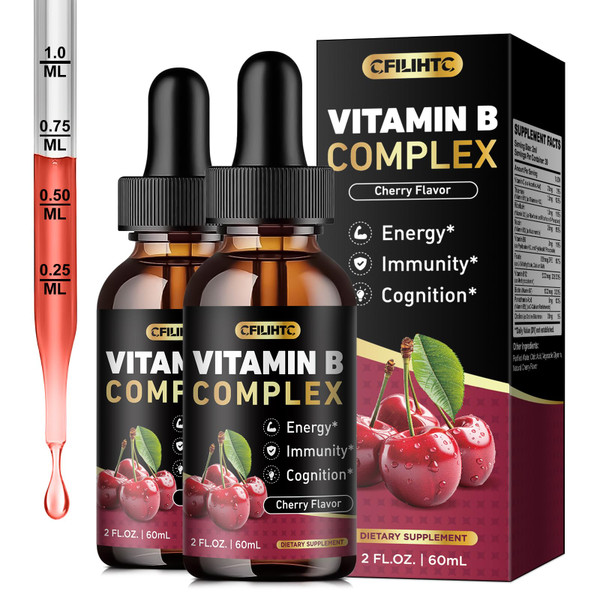 CFILIHTC (2 Pack) Vitamin B Complex Liquid Drops, B Vitamins Complex Supplement with B1, B2, B3, B5 B6, B7, B9 & Methyl B12 Drops for Adults & Kids, Vegan, Cherry Flavor