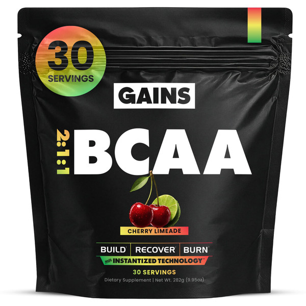Gains in Bulk BCAA Powder, Pre Workout Plant Based Branch Chain Amino Acids, Gluten Free, Vegan Supplement with Keratin for Endurance & Strength During & Post Workout, Cherry Limeade, 30 Servings