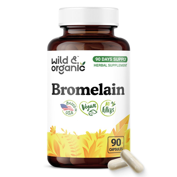 Wild & Organic Bromelain 500 mg Capsules - Digestive Support - Natural Bromelain Supplement - Pineapple Enzyme Source - Vegan, No Fillers, Non-GMO - 90 Count