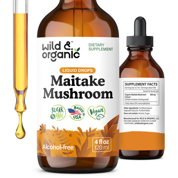 Wild & Organic Maitake Mushroom Tincture - Immune Support Supplement - Liquid Maitake Mushroom Extract - Vegan, Sugar & Alcohol-Free Drops - 4 fl oz
