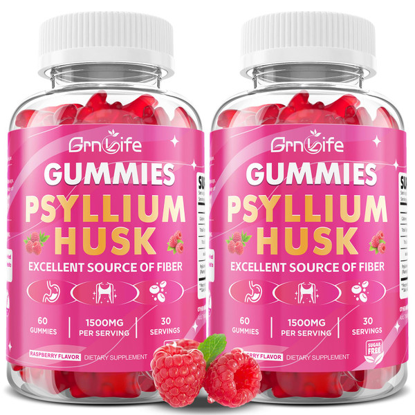 GrnLife 2 Pack Psyllium Gummies, 1500mg Psyllium Husk Supplement for Gut & Digestive Health, Regularity, Vegan, Sugar Free, Raspberry Flavor, 120 Count