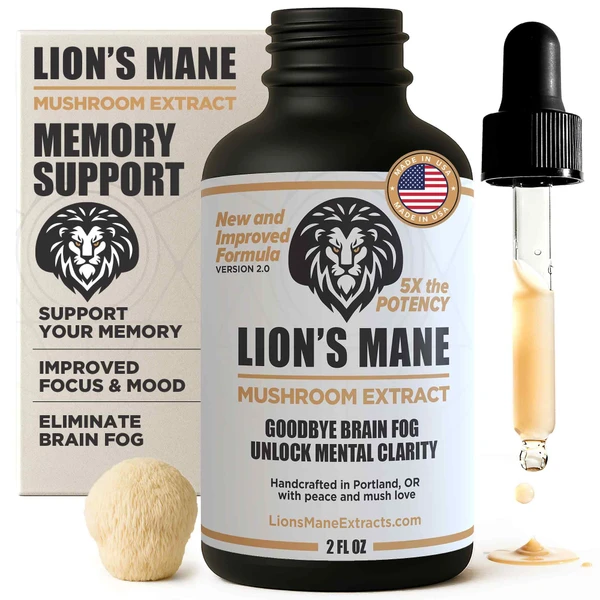 Lion's Mane Extract Mushroom Tincture - Focus, Memory & Clarity Support - 2 oz, Lion’s Mane Supplement Liquid Extract | Dual-Extracted from USA-Grown Fruiting Bodies, Mushroom Drops Nootropic