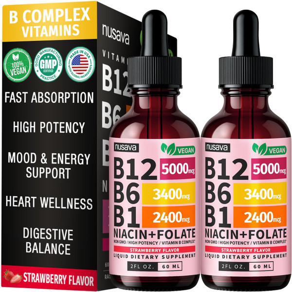 NUSAVA (2 Pack) Vitamin B12 Liquid Drops 5000mcg -B12 Sublingual with B6&Vitamin B Complex-Methylcobalamin B12 Drops for Women&Men - Vegan Supplement, Non-GMO, Strawberry Flavor (2 Fl Oz, 80 Servings)