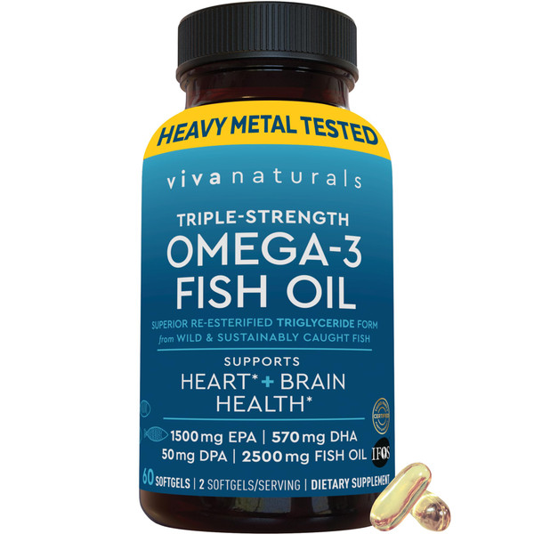Viva Naturals Omega 3 Fish Oil Supplement – 2500 mg High-Potency Fish Oil per Serving, Easy-to-Absorb Re-esterified Triglyceride Form, Pescatarian-Friendly DPA EPA DHA Omega 3 Supplement, 60 Softgels